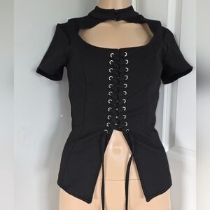 Witchy Goth Vampire Halloween Black Corset Cap Sleeve Sexy Little Black Top Sz M